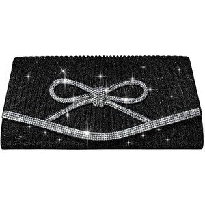 Women Bow Black Imported Magnetic Purse Rhinestone Envelope Party Handbag